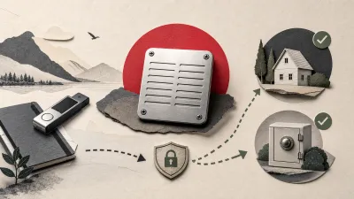 Editorial illustration of a hardware wallet, metal seed backup and two secure storage locations