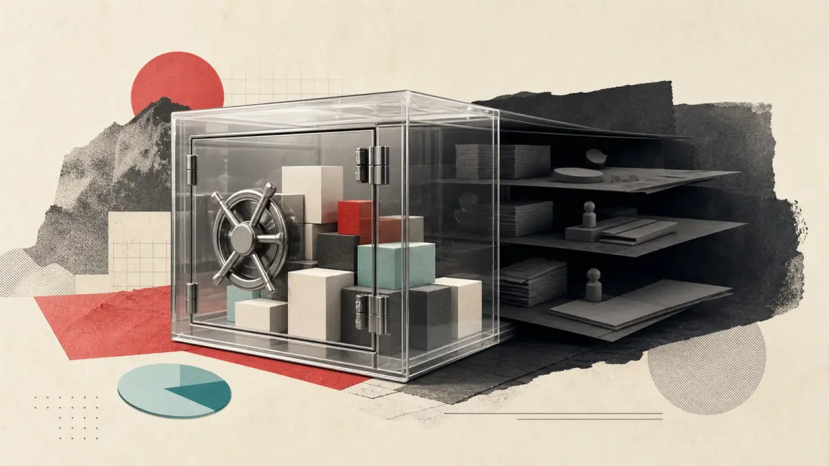 Editorial illustration of visible assets in a transparent vault and hidden liabilities behind it