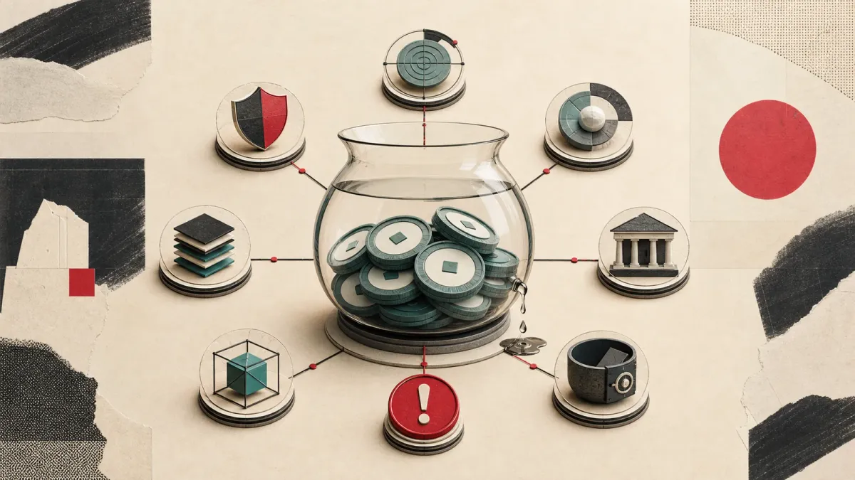 Editorial illustration of stable-value tokens in a vessel connected to seven risk checkpoints