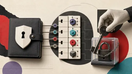 Editorial illustration of a wallet, smart-contract permission keys and an old key being revoked