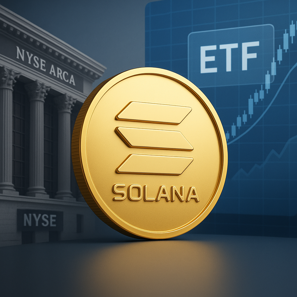 Solana Staking ETF concept — 3D illustration showing Solana coin with ETF chart overlay and NYSE Arca building background