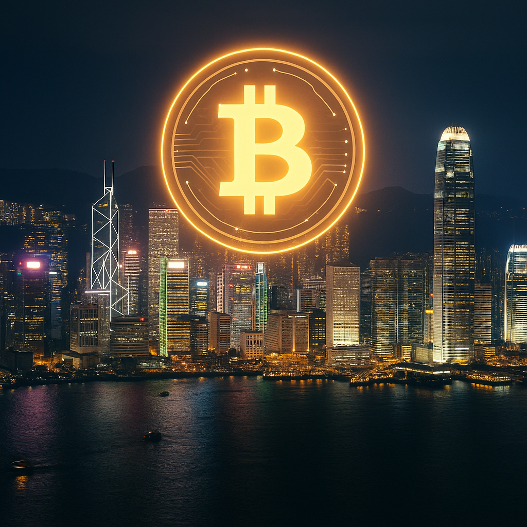 Hong Kong skyline with Bitcoin symbol glowing over the city, representing new crypto regulation policy 2025.