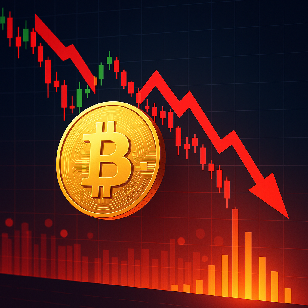 Bitcoin Price Drop 2025 – visual showing BTC falling below $105K with market liquidation indicators.