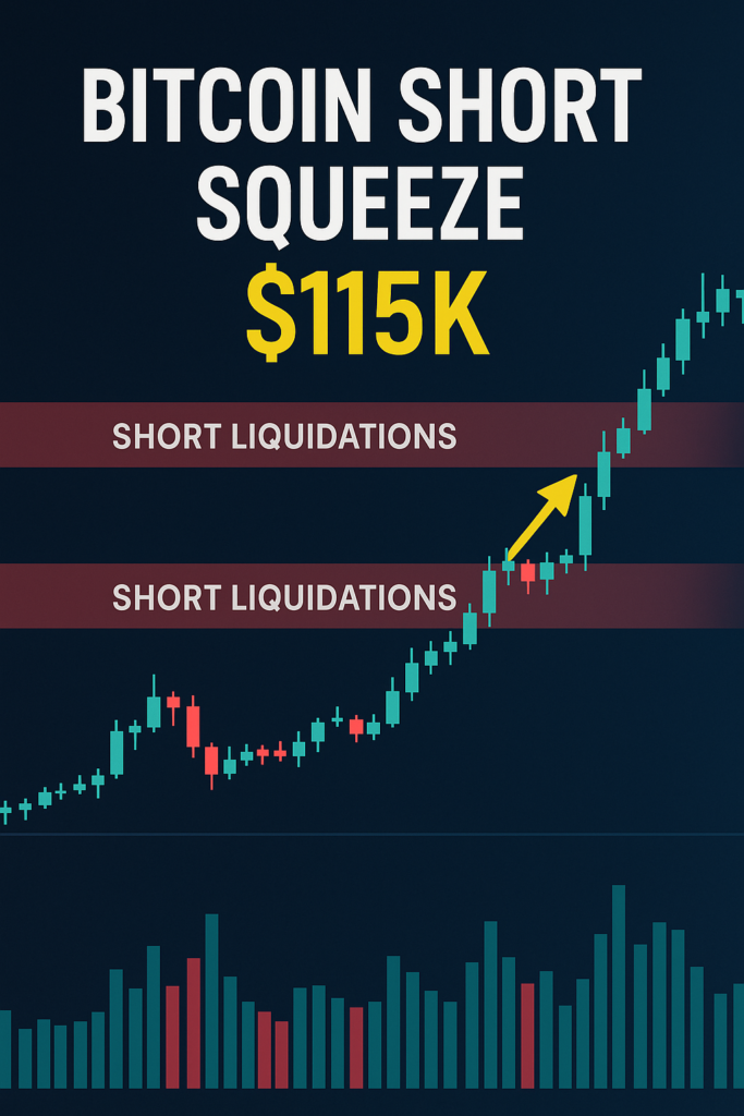 Bitcoin short squeeze at $115K showing potential liquidation zones on futures charts.