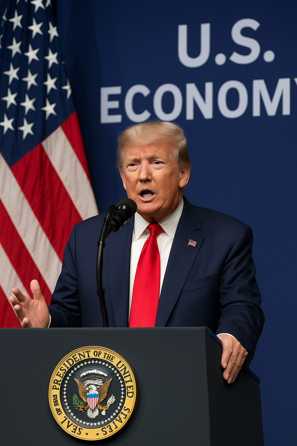 Trump U.S. Economy Speech 2025 – President Trump at podium with American flag background
