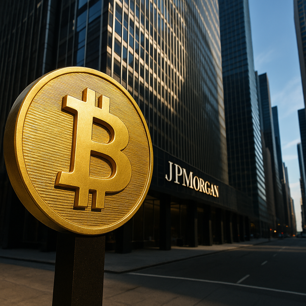 JPMorgan Bitcoin Prediction 2025 – Bitcoin and Wall Street skyscraper