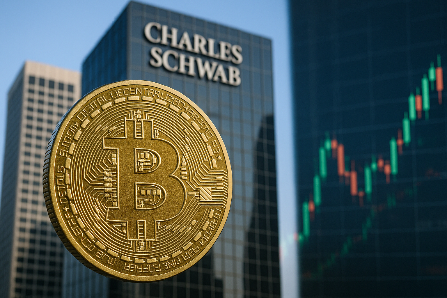 Charles Schwab Bitcoin Trading 2026 – Bitcoin coin and financial skyscraper with trading visuals