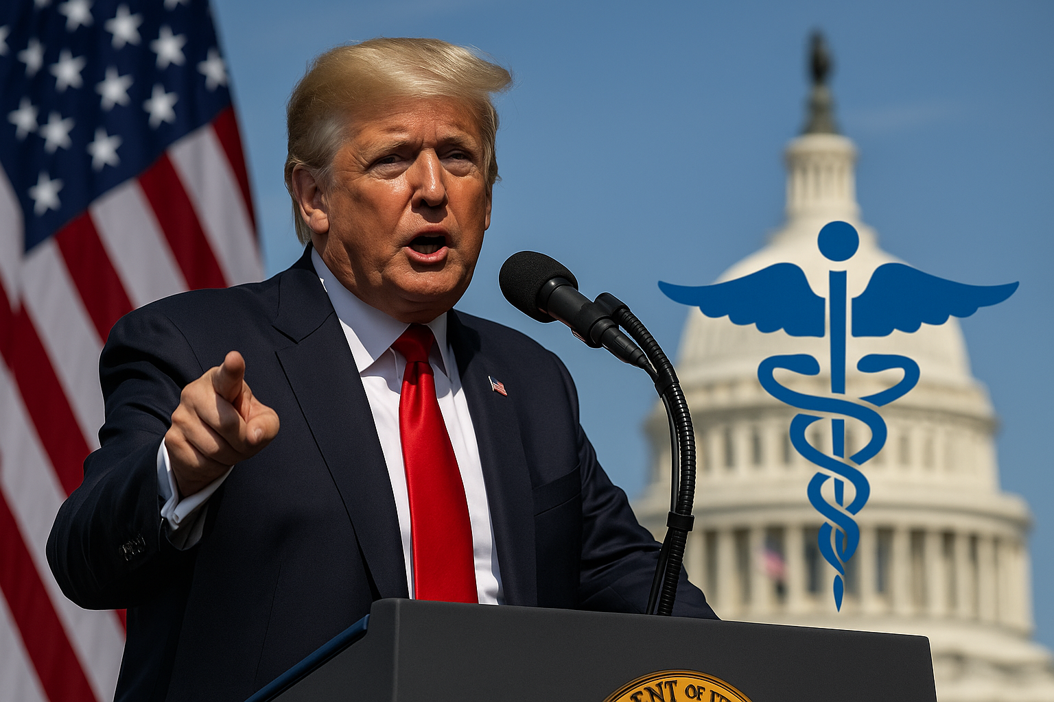 Trump Health Insurance Reform 2025 – President Trump speaking with U.S. Capitol and healthcare visuals in background