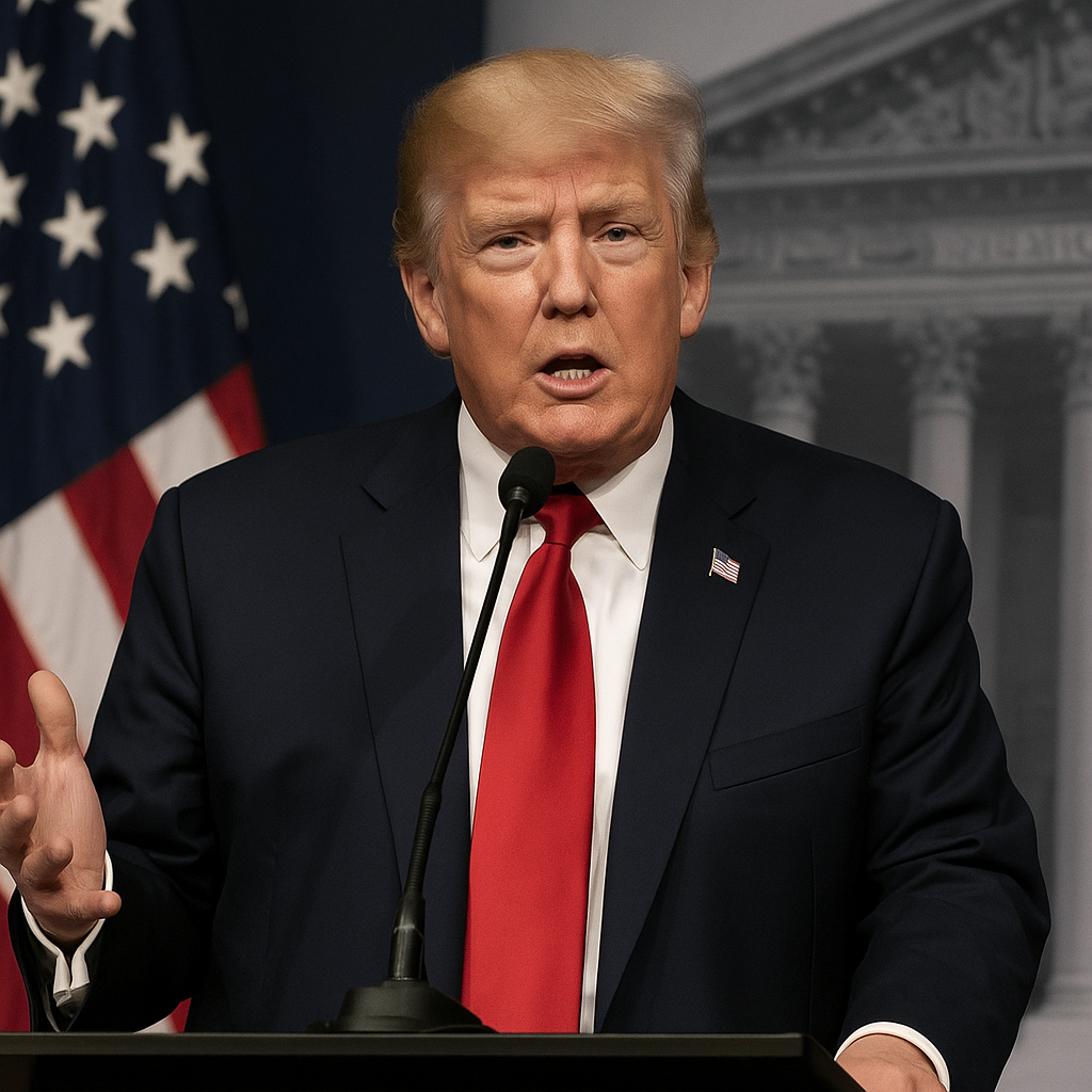 Trump Supreme Court Tariff Warning 2025 – President Trump speaking at a press conference on trade and economic policy with U.S. flag backdrop