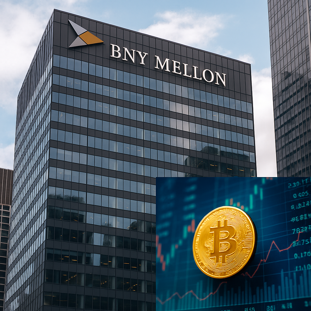 BNY Mellon Bitcoin Holdings 2025 – BNY Mellon headquarters with Bitcoin and financial market visuals