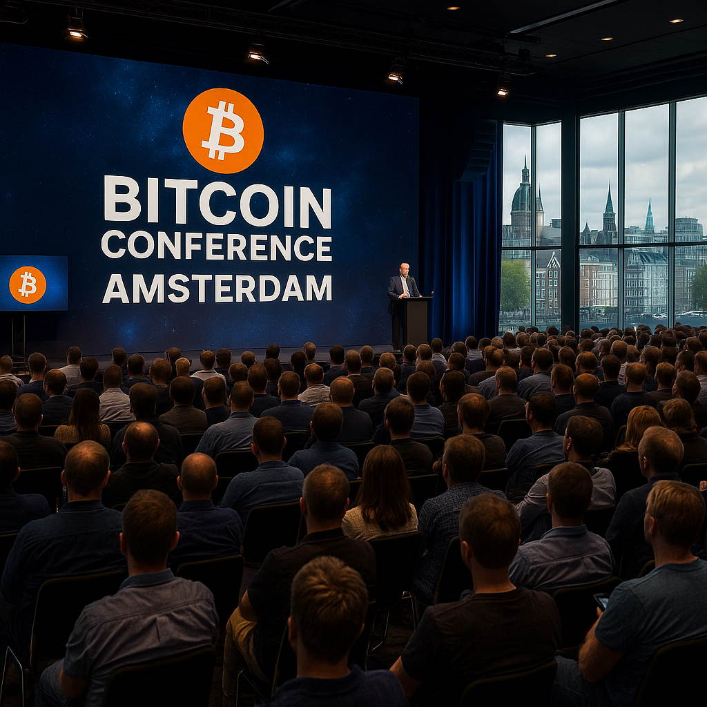 Bitcoin Conference Amsterdam 2025 – crowd of attendees, conference stage with Bitcoin logo and Amsterdam skyline in background