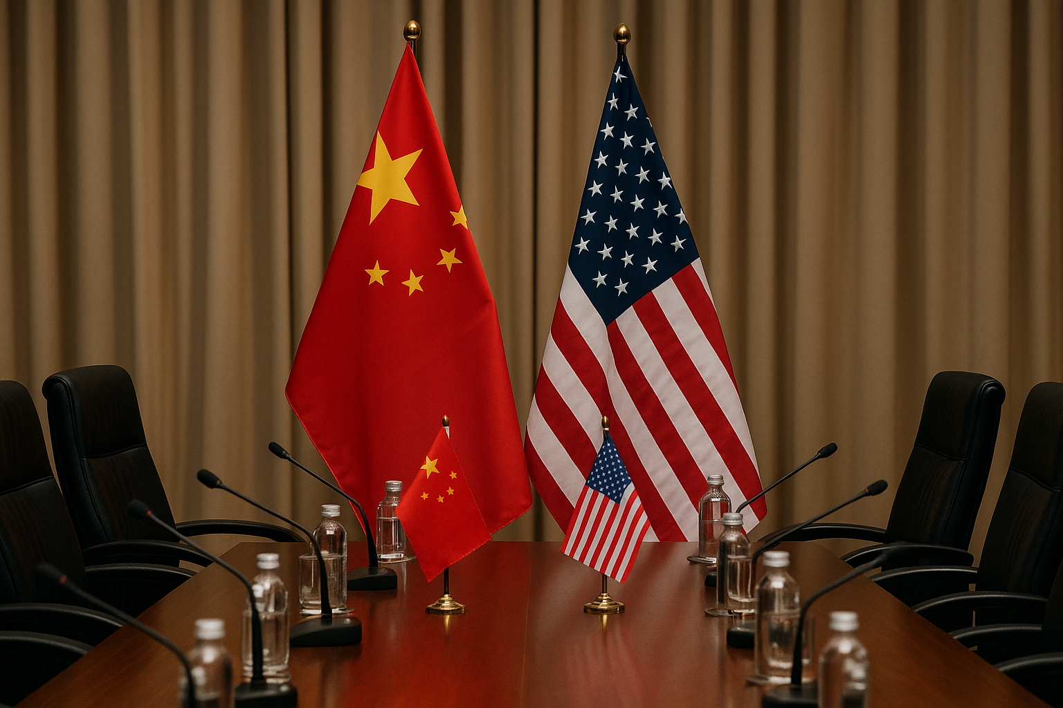 China U.S. Cooperation 2025 – diplomatic meeting table with Chinese and American flags, symbolizing dialogue and partnership