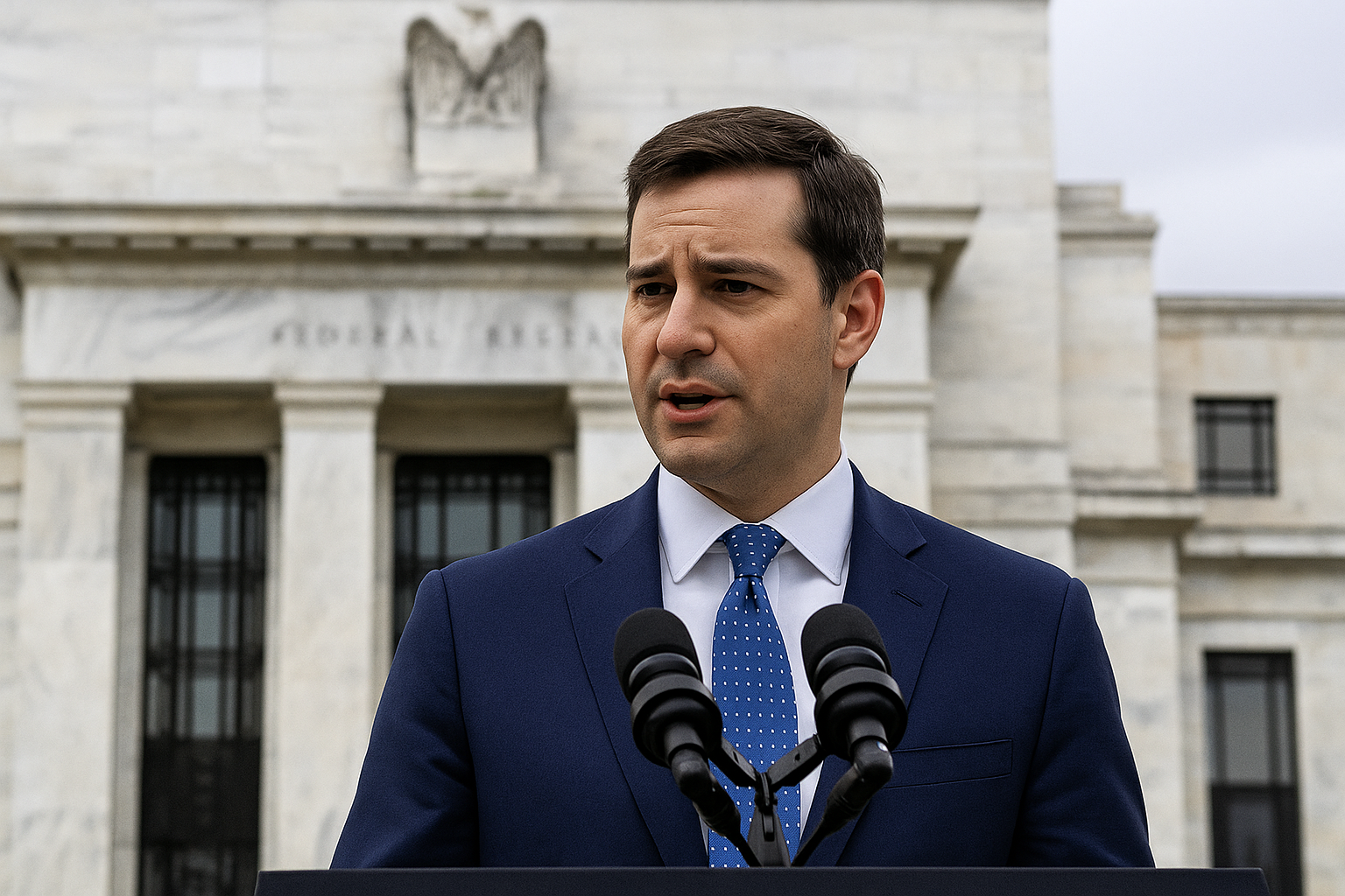 Stephen Miran Inflation Report 2025 – Federal Reserve building with economist Stephen Miran speaking about rate cuts