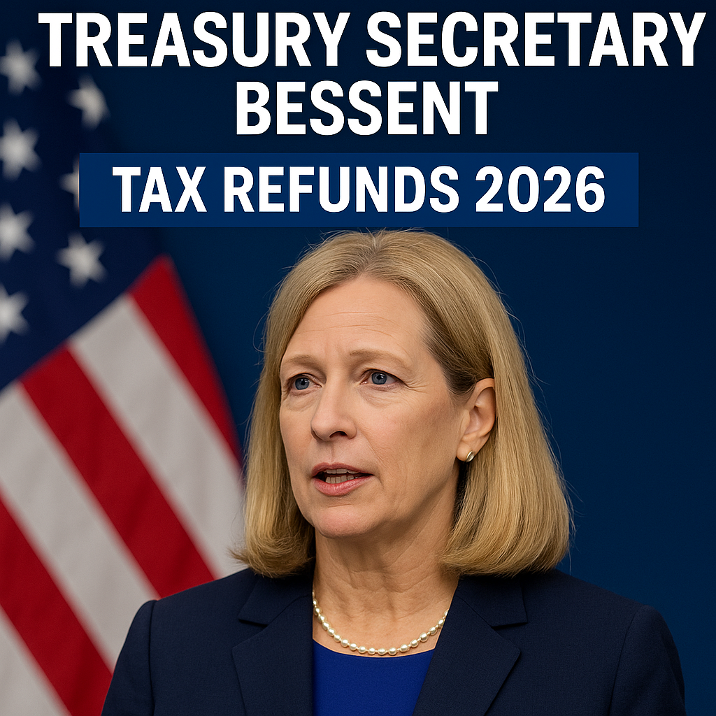 Treasury Secretary Bessent Tax Refunds 2026 press conference, U.S. Treasury Department podium, and American flags in background.