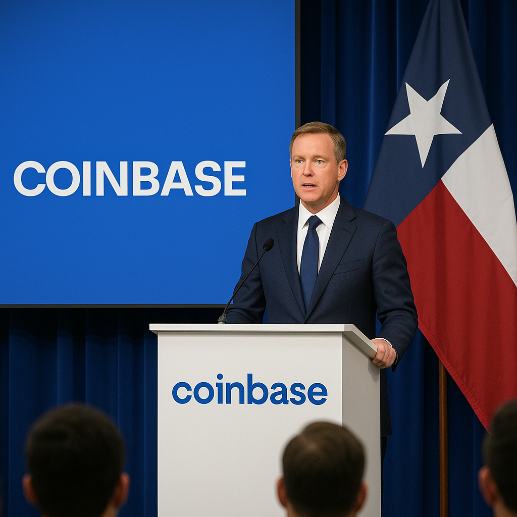 Coinbase reincorporation announcement at press conference, representing Coinbase’s move from Delaware to Texas.