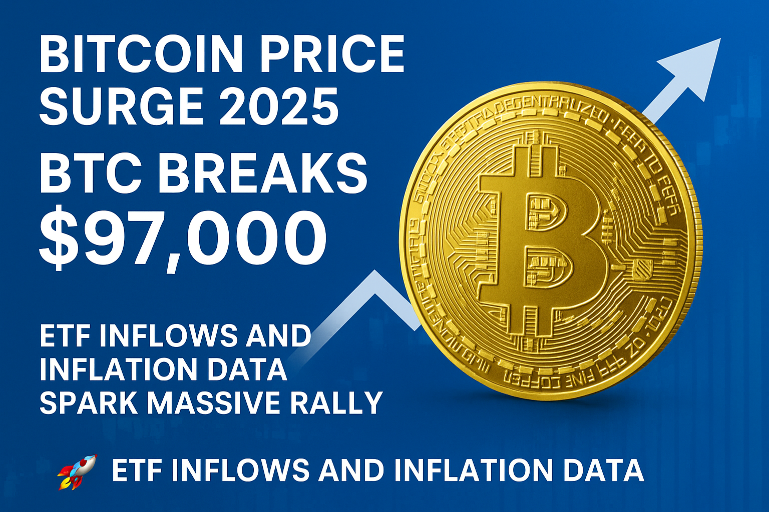 Bitcoin price chart showing $97,000 breakout, traders celebrating as ETF inflows and inflation data boost crypto markets.